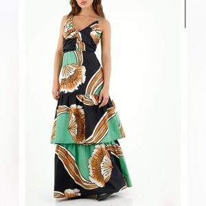 Tennis 100% Cotton Floral Maxi Dress Size XS Green Black Brown Vacation Beach